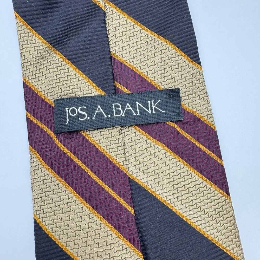 Jos. A. Bank Men's Tie Black Tan Burgundy Striped Silk Classic Prep 90s Y2K